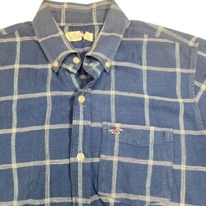 Hollister Mens XL Blue Plaid Linen Cotton Button Up Shirt